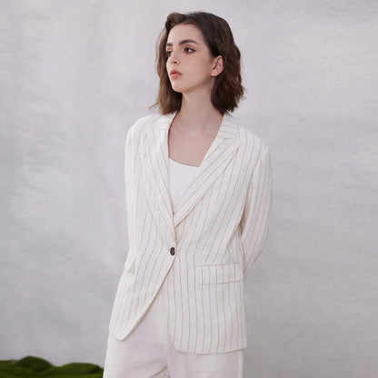 Luxury Formal Stripe Linen Ladies Office Elegant Chic Blazer