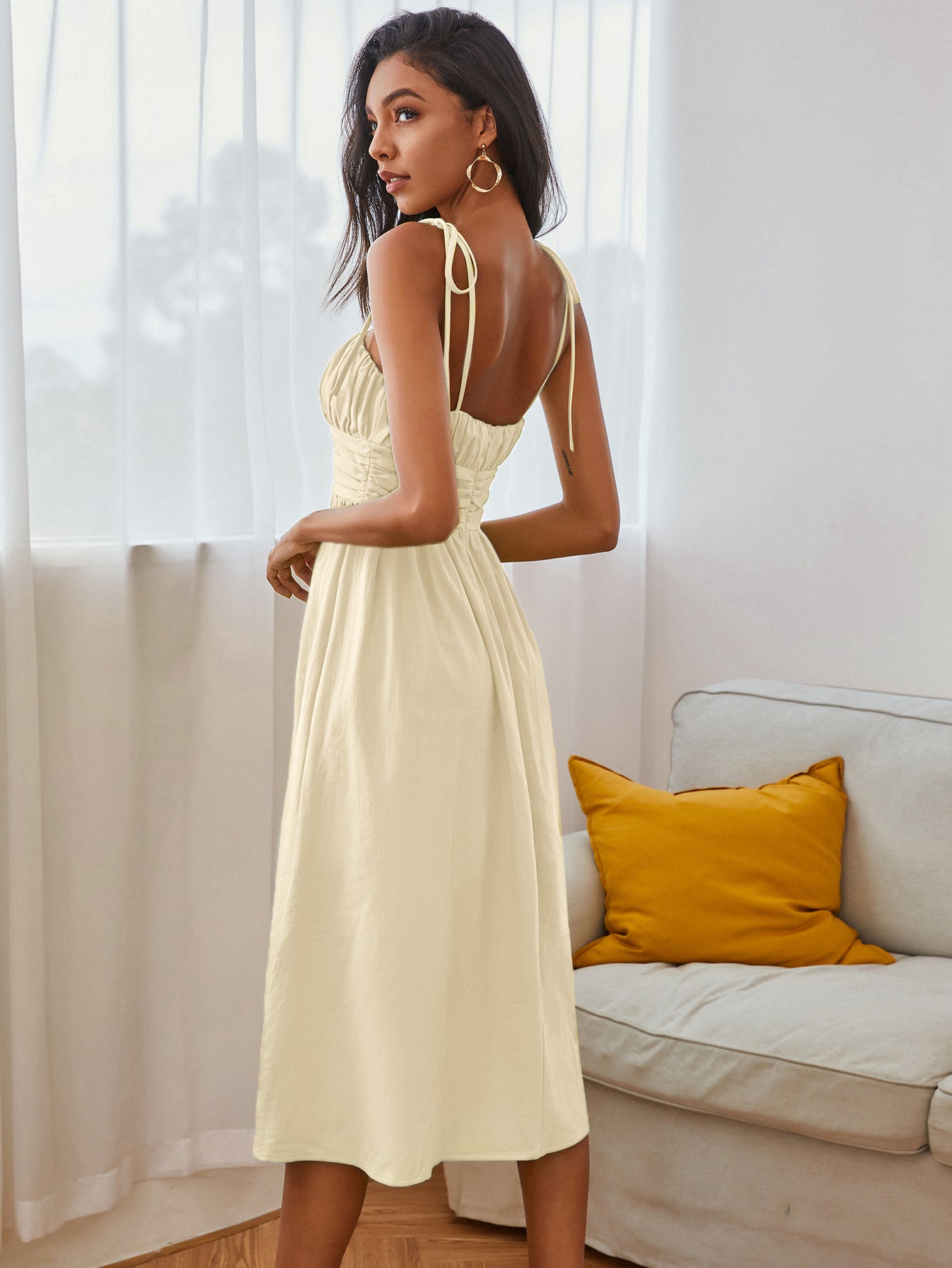 KittenAlarm - Knot Straps Ruched Bust Cami Dress