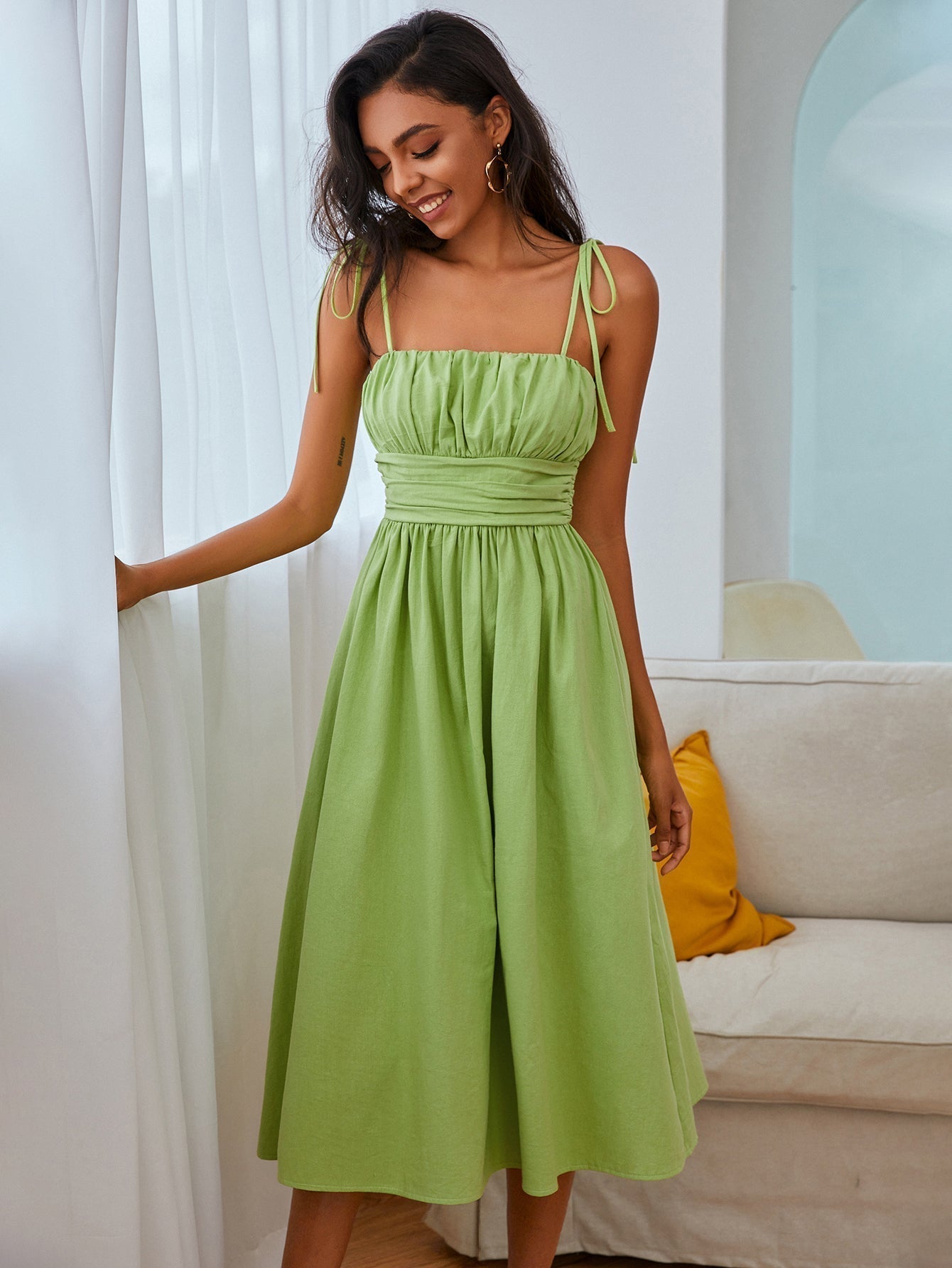 KittenAlarm - Knot Straps Ruched Bust Cami Dress