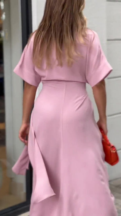 Essence Satin Tie Front Midi Shirt Dress - Lavender