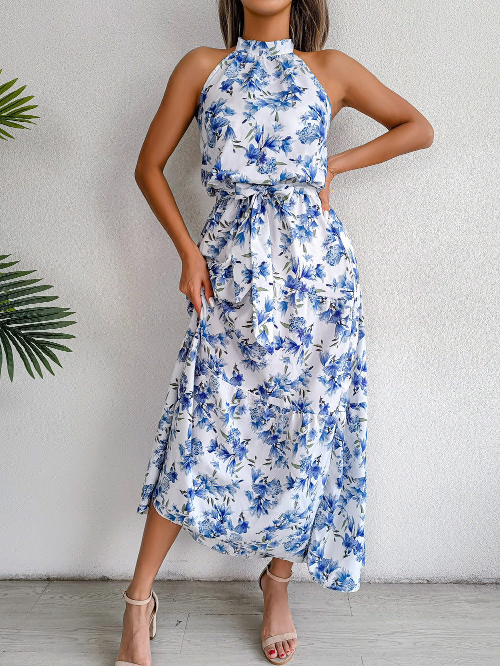 Sure Thing Floral Chiffon Halter Maxi Dress - Blue - FINAL SALE