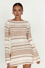 Bell Sleeve Color Block Stripe Knit Sweater Dress S / White and Brown