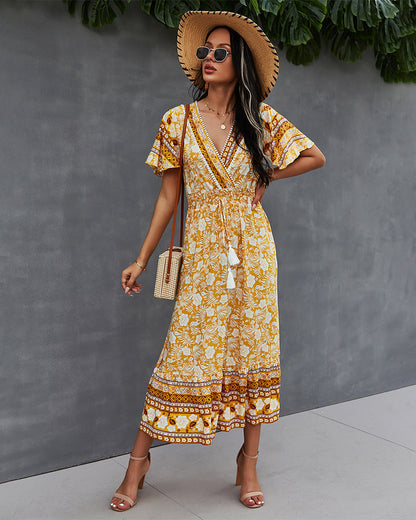 Nadine Floral Smocked Maxi Dress - Mustard