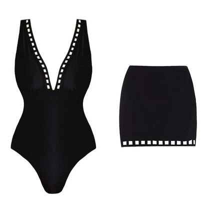 Black Pearl V-neck Swimsuit Set - Black