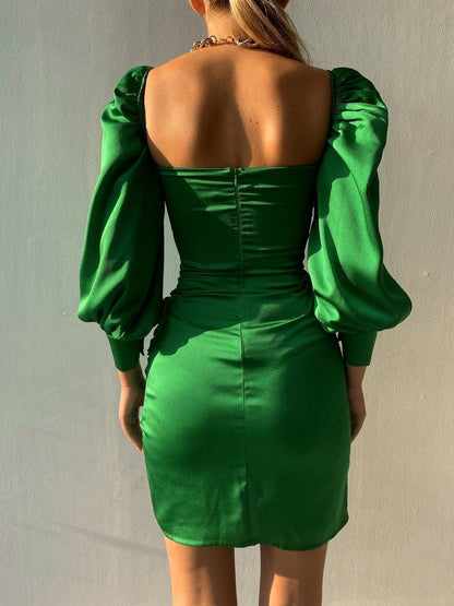 Elyssa Satin Ruffle Mini Dress - Emerald