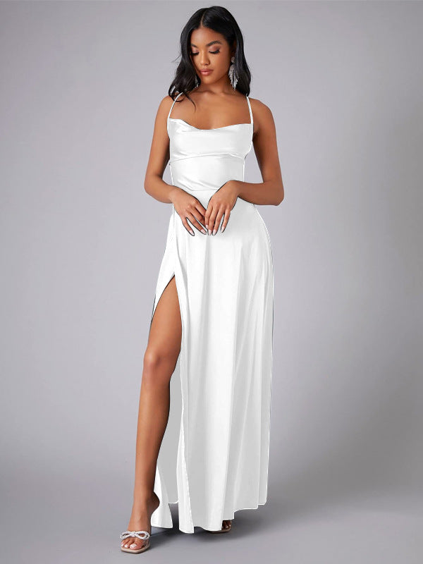 Elegant Spaghetti Strap Ruched Formal Dress S / White
