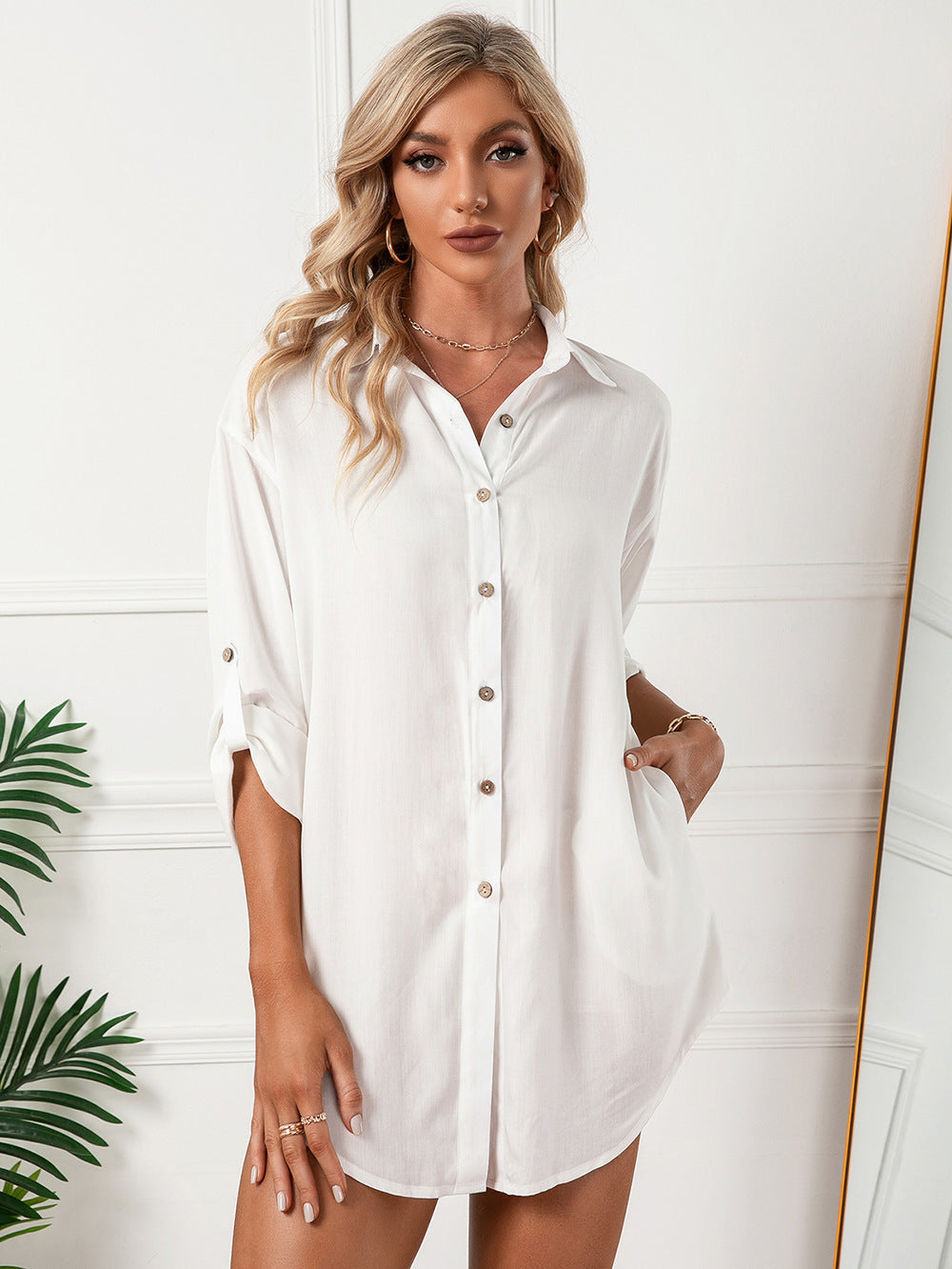 Jeanette Button Down Tunic Top - White