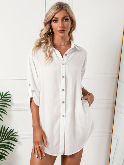 Jeanette Button Down Tunic Top - White