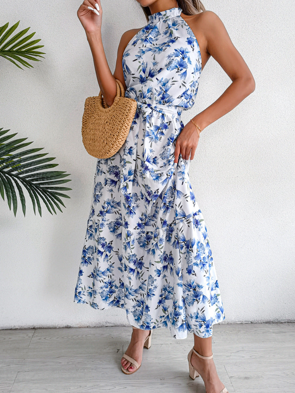 Sure Thing Floral Chiffon Halter Maxi Dress - Blue - FINAL SALE