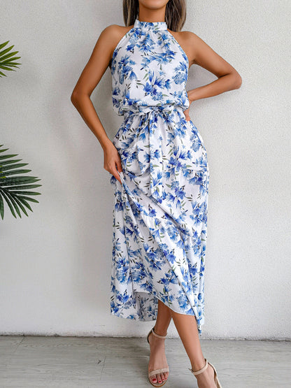 Sure Thing Floral Chiffon Halter Maxi Dress - Blue - FINAL SALE