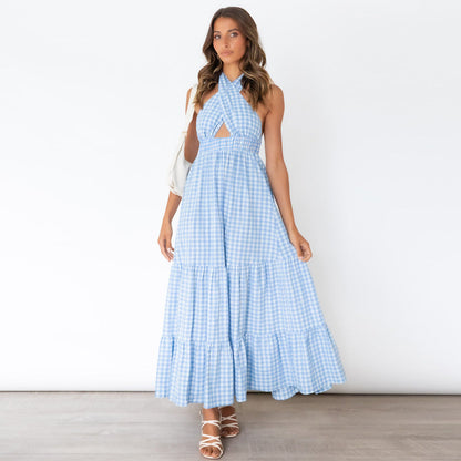 Pom Cotton Gingham Halter Midi Dress