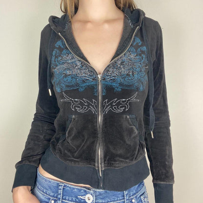 Rhinestone Print Zipper Hoodie