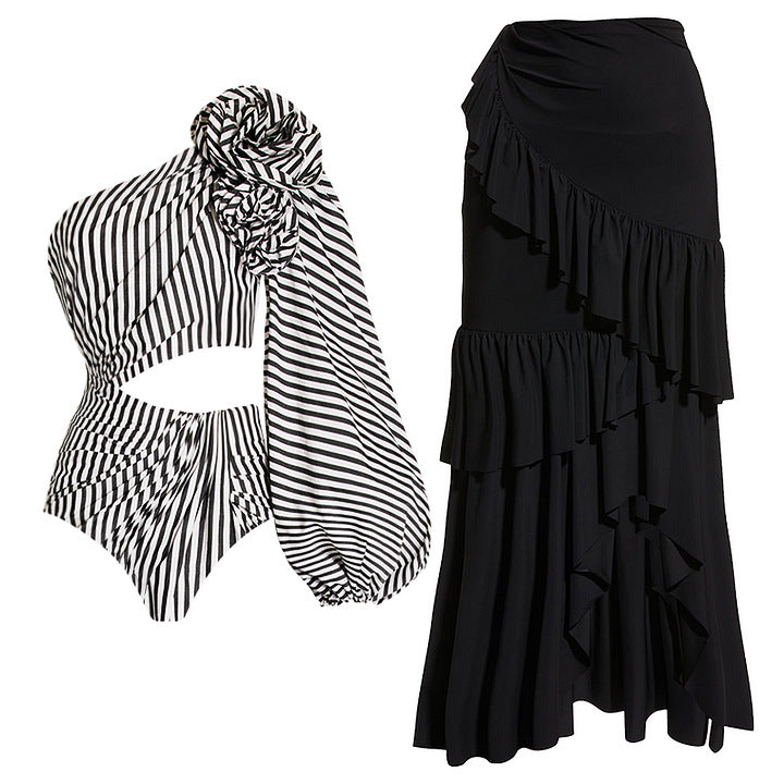 Nyoka One Shoulder Full Sleeve Swimsuit Set - Black