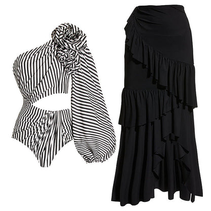 Nyoka One Shoulder Full Sleeve Swimsuit Set - Black