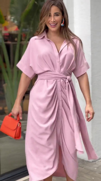 Essence Satin Tie Front Midi Shirt Dress - Lavender