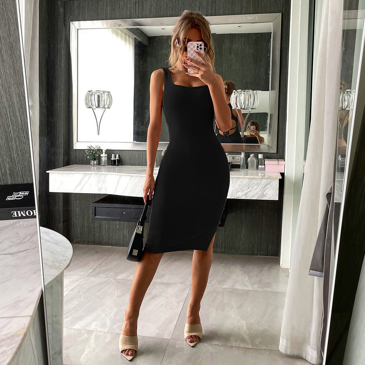 Sheldon Cotton Blend Sleeveless Ribbed Midi Dress - Black