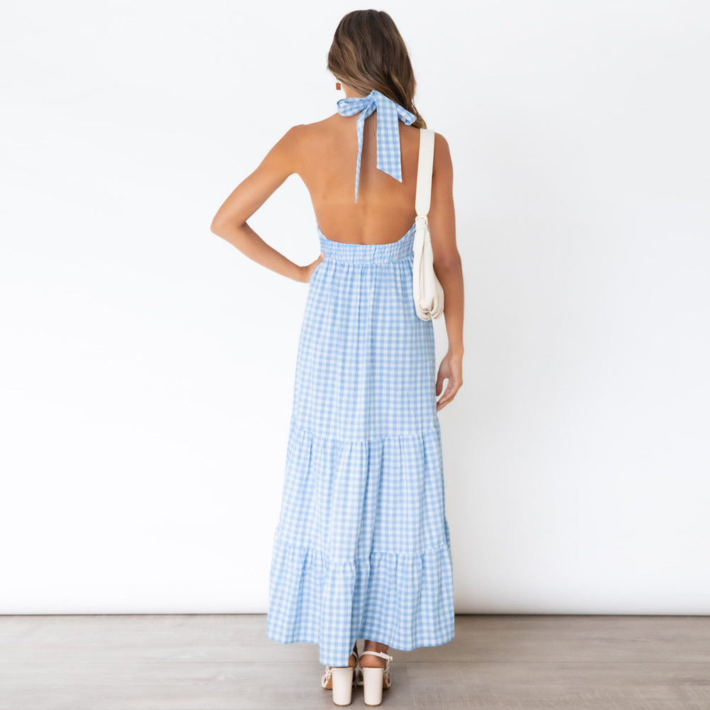 Pom Cotton Gingham Halter Midi Dress