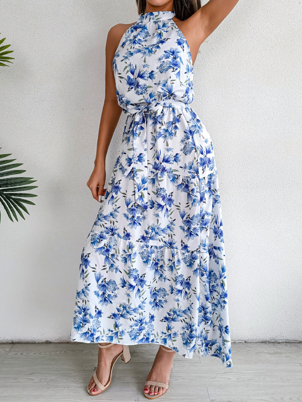 Sure Thing Floral Chiffon Halter Maxi Dress - Blue - FINAL SALE