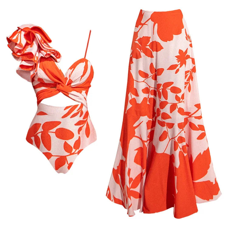 Tangerine Wave Swimsuit Set - Orange