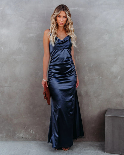 Plus One Satin Cowl Neck Maxi Dress - Navy - FINAL SALE