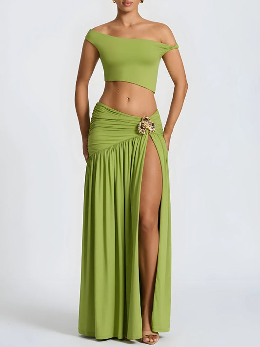 Off Shoulder Crop Top & Slit Maxi Dress Two Piece Set