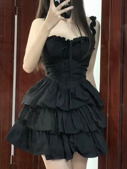 Hrajuku Cute Goth Coquette Y2K Black Fashion Ruffles Lolita Cake 2024 Party Soft Kawaii Girl Short Outfit
