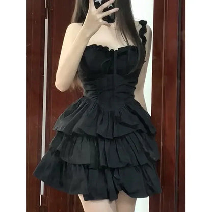 Hrajuku Cute Goth Coquette Y2K Black Fashion Ruffles Lolita Cake 2024 Party Soft Kawaii Girl Short Outfit