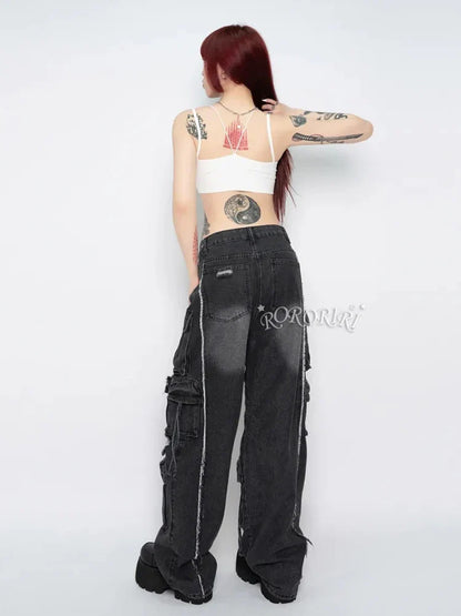 Multi-Pocket High Waist Wide Leg Ripped Vintage Pant