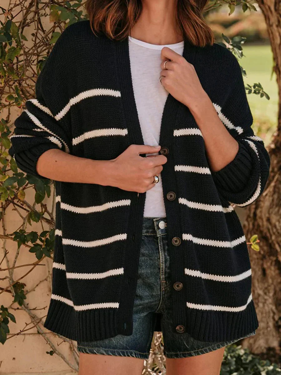 Striped V Neck Knit Cardigan Black / S