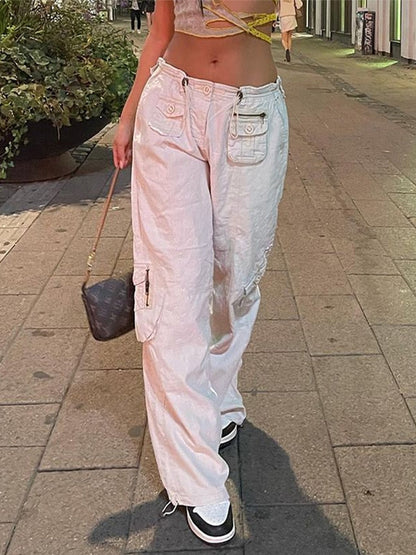 KittenAlarm - Women Spring Fashion Multi Pockets White Cargo Pants Women Adjustable Low Waist Baggy Wide Leg Jeans Oversized Casual Trousers Retro Bottoms Iamhotty