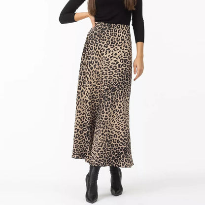 Sexy Leopard Print Long Vintage Satin Skirt