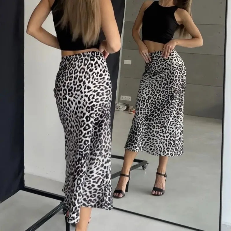 Sexy Vintage Fashion Leopard Print Satin A-Line High Waist Maxi Skirt