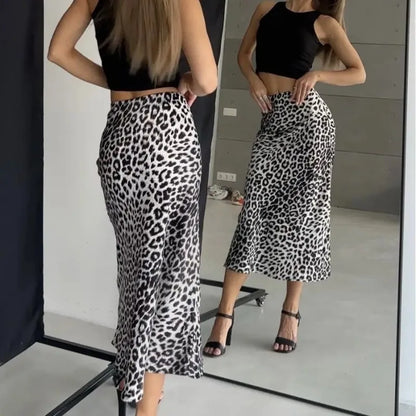 Sexy Vintage Fashion Leopard Print Satin A-Line High Waist Maxi Skirt
