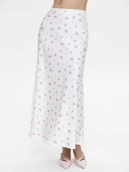 Soft Girl Floral Satin Midi Skirt
