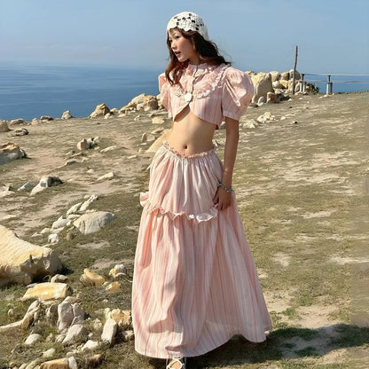 Soft Girl Striped Crop Top & Maxi Skirt Two Piece Set