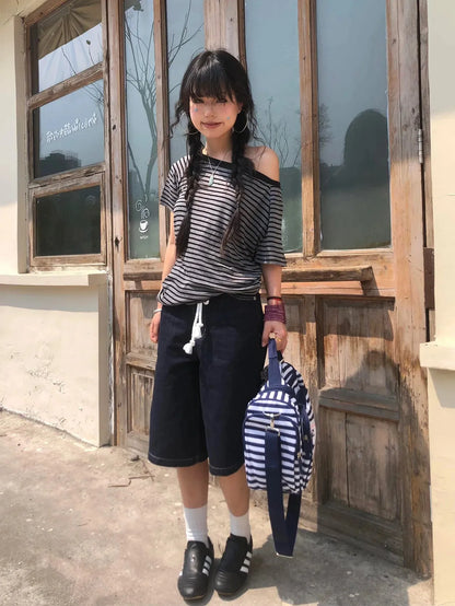 Striped One Shoulder Tee