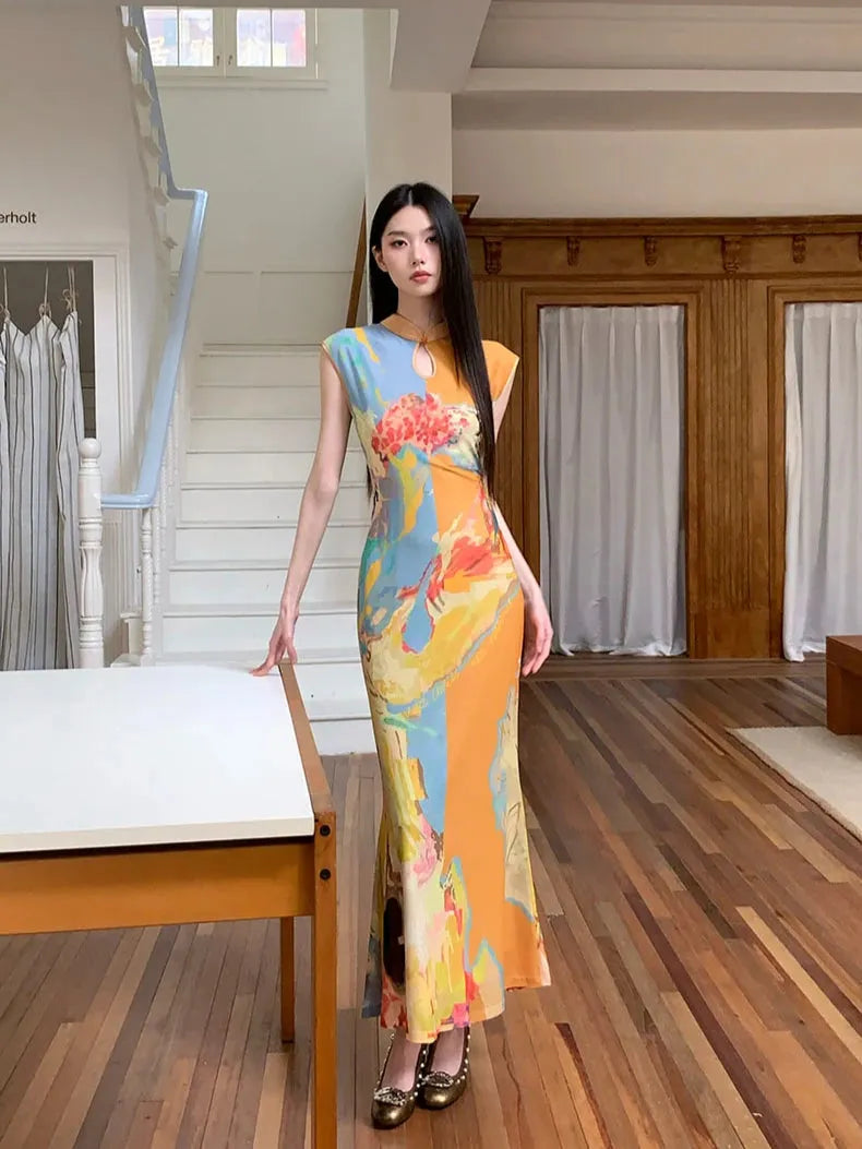 Vintage Floral Cut Out Maxi Dress