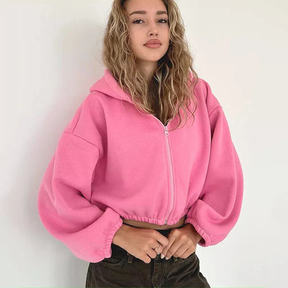 Fashion Zipper Cropped Solid Color Long Sleeve Hoodie