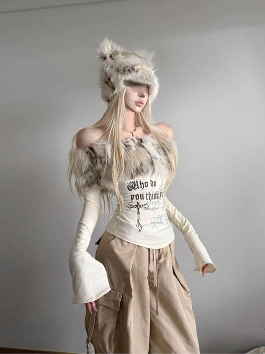 Y2K Faux Fur Collar Top