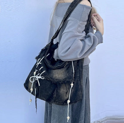 Vintage Aesthetic Korean Hobo Denim Tote Bag
