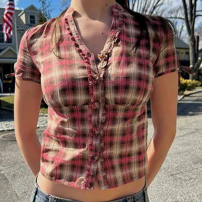 Y2K Plaid Ruffled Shirt