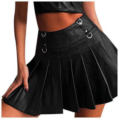 Vintage PU Leather High Waist Pleated Black Slim A-Line Mini Skirt