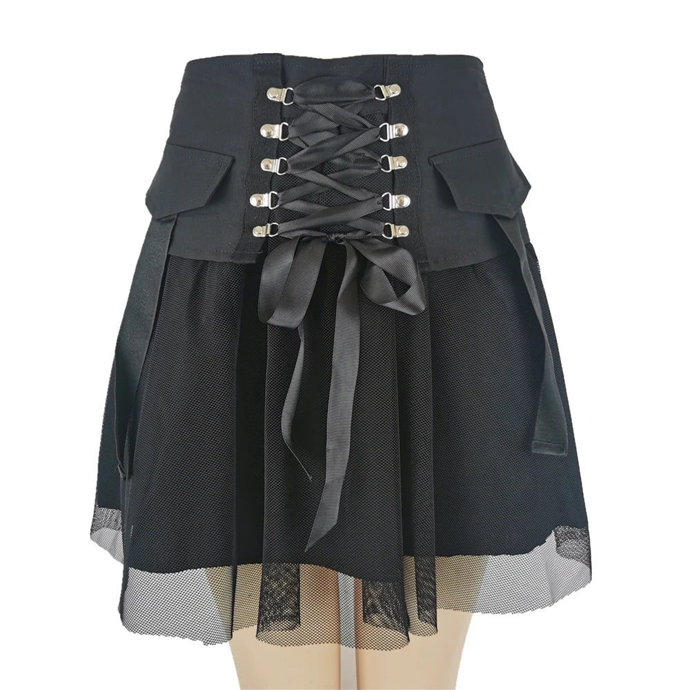 Y2k Black Mesh Harajuku Ladies Summer Female Dark Straps High Sexy Waist Style A-Line Vintage Streetwear Skirt