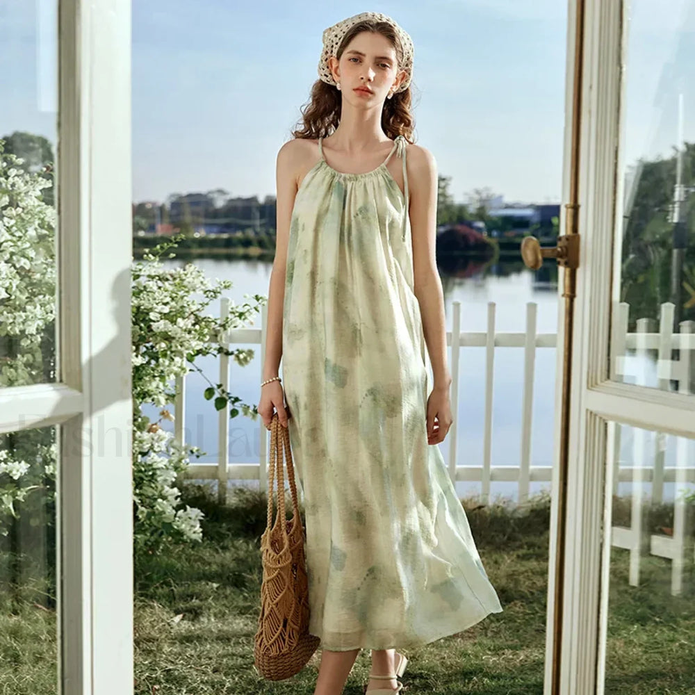 A Line Chiffon Lace Up Floral Dress Green Dresses / S