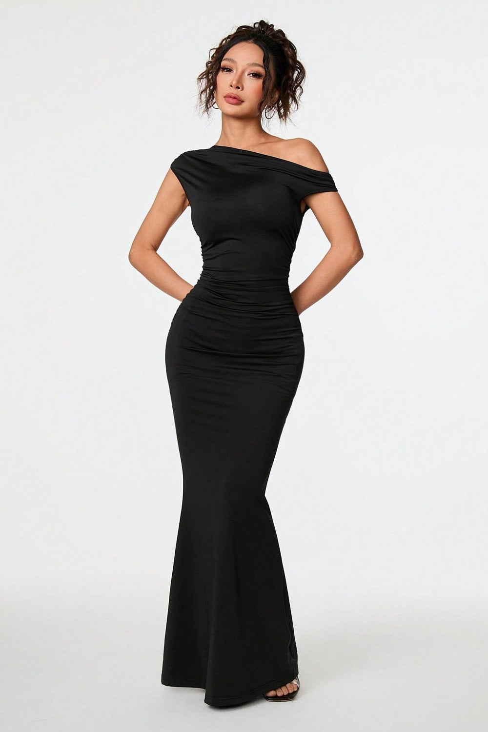 Black Asymmetric Neckline Formal Dress