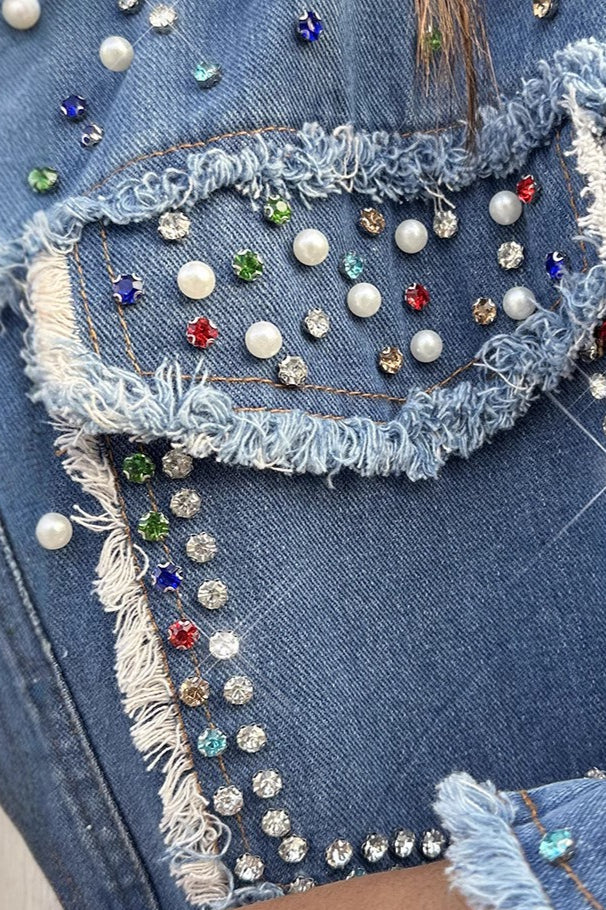 Beaded Contrast Denim Long Sleeve Coat coats