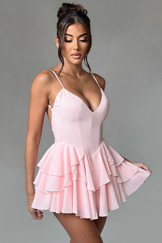 Spaghetti Strap Ruffle Party Dress S / Pink