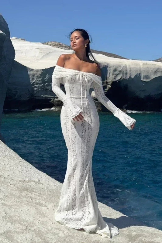 White Off Shoulder Long Sleeve Lace Maxi Dress