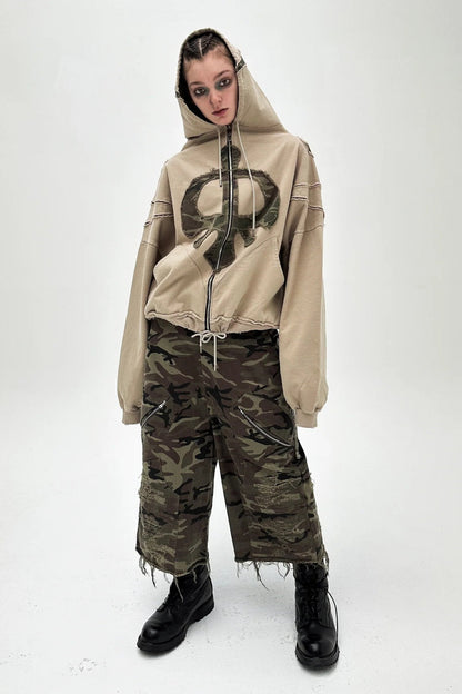 Y2K Street Style Drawstring Patch Hoodie