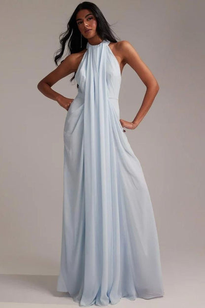 Elegant Halter Light Blue Maxi Party Dress